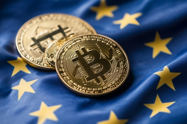 Bitcoin auf Euro-Flagge